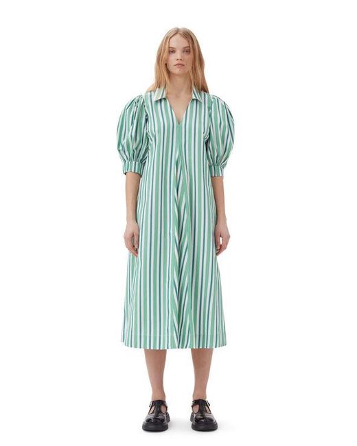 Ganni Green Striped Collar Long Dress