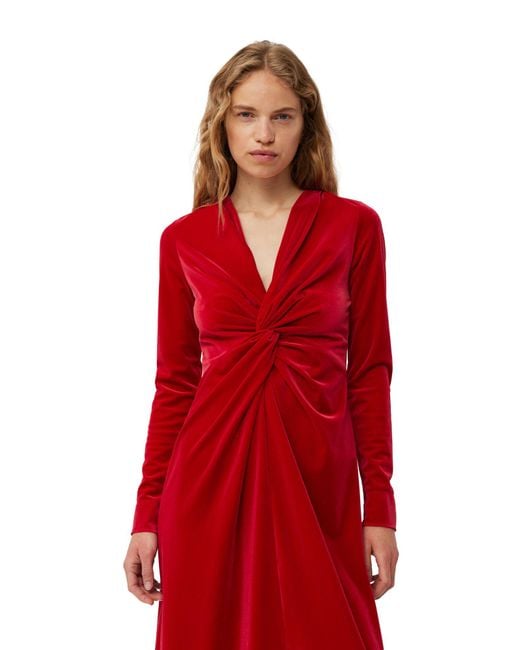 Ganni Red Velvet Jersey Twist Long Kleid