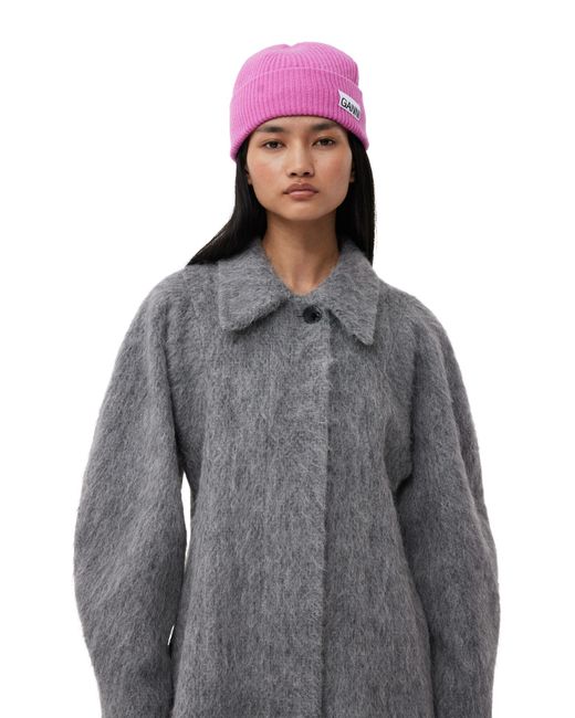 Ganni Gray Pink Fitted Wool Rib Knit Mütze