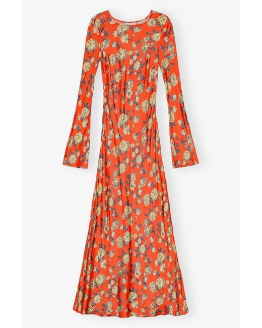 Ganni Red Floral Printed Satin Maxi Dress