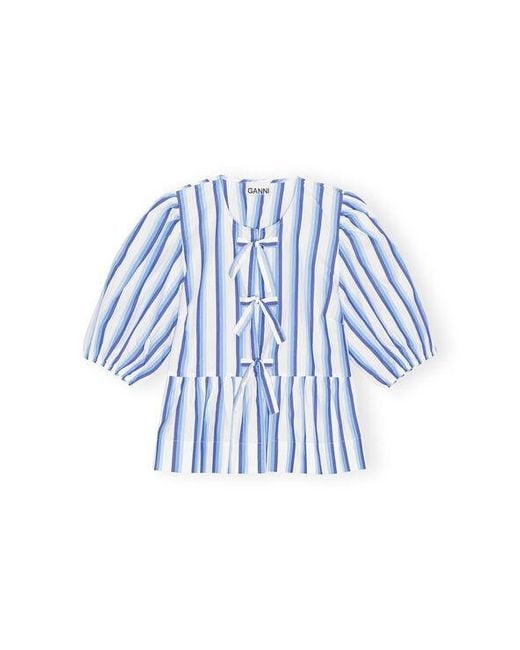 Ganni Blue Striped Cotton Poplin Peplum Tie Blouse