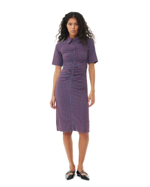 Ganni Purple Checkered Stretch Seersucker Fitted Dress