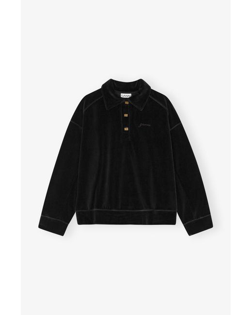 Ganni Black Velour Polo Shirt