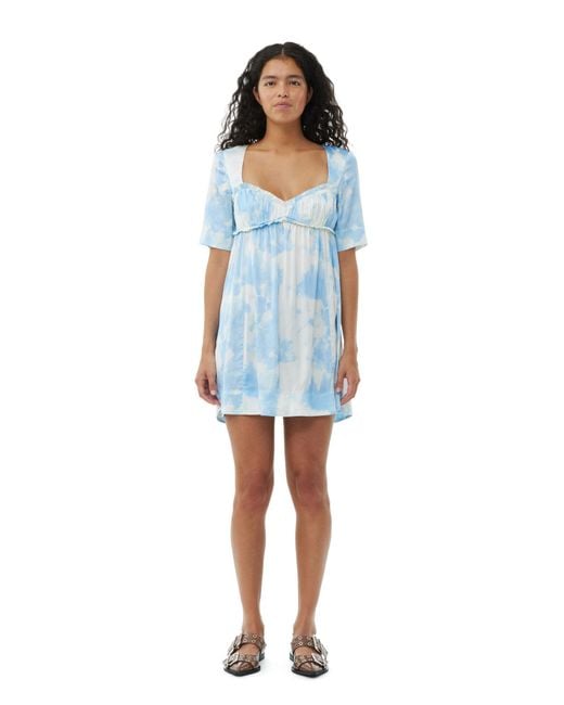 Ganni Blue Printed Satin Short Sleeve Mini Kleid
