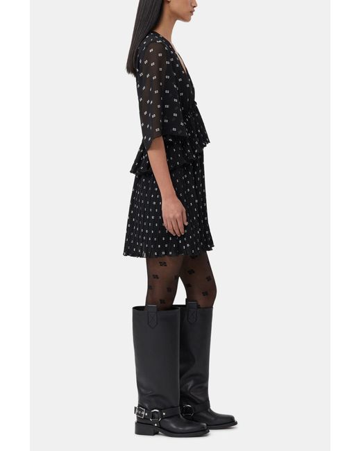 Ganni Black Pleated Georgette V-Neck Flounce Mini Dress