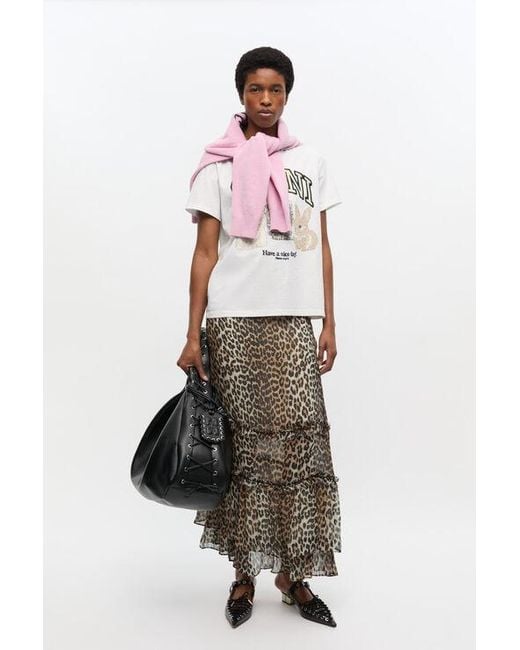 Ganni White Leopard Print Long Chiffon Ruffle Skirt Viscose