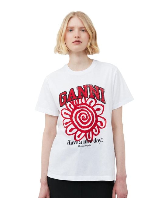 Ganni White Lässiges rotes Blumen-T-Shirt