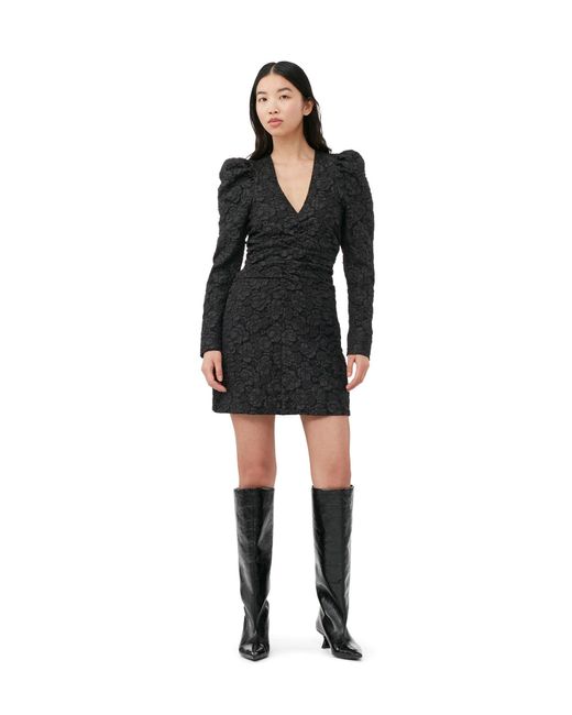 Ganni Black Long Sleeve Jacquard V-neck Mini Dress