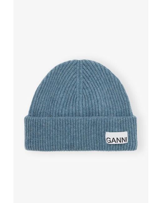 Ganni Blue Fitted Rib Knit Wool Beanie