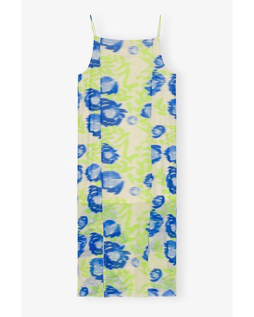 Ganni Blue Printed Mesh Slip Dress