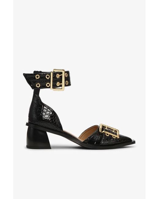 Ganni Black Croco Patent Feminine Buckle Open Cut Pumps Shoes