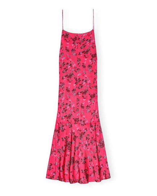 Ganni Pink Floral Printed Satin Midi Dress