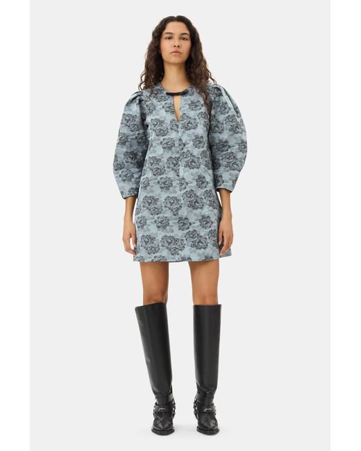 Ganni Blue Floral Jacquard A-Line Mini Dress