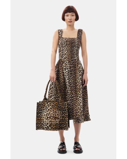 Ganni Natural Leopard Printed Cottonpoplin Midi Strap Smock Dress Size 4