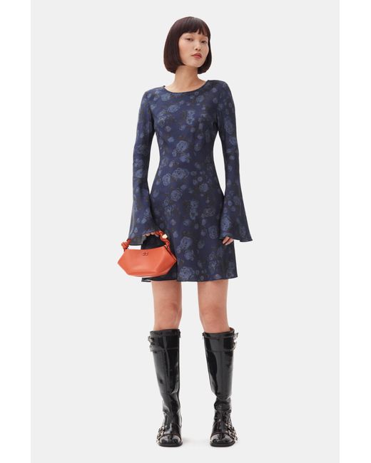 Ganni Dark Floral Printed Mini Dress in Blue | Lyst