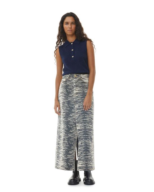 Ganni Blue Print Denim Maxi Slit Skirt
