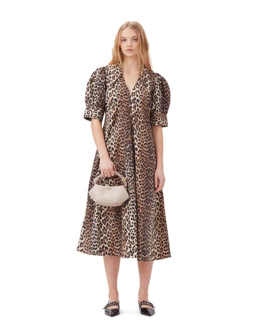 Ganni Brown Mixed Leopard Cottonpoplin V-neck Maxi Dress Size 8