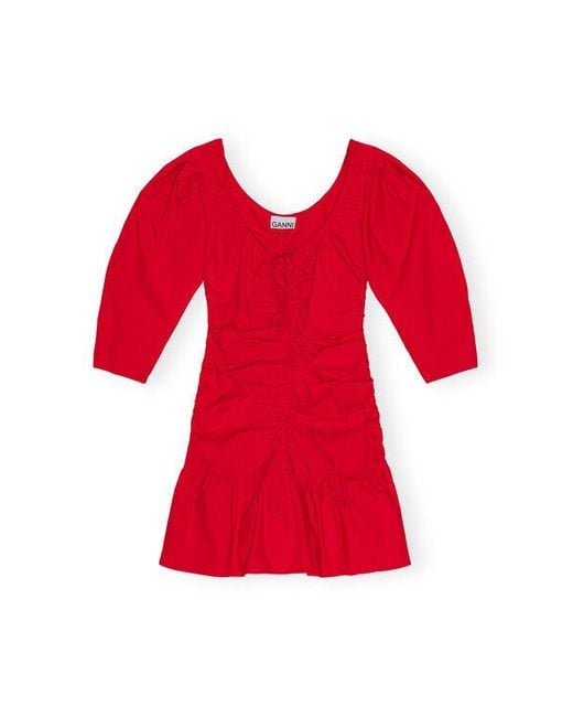 Ganni Red Cotton Poplin Gathered U-neck Mini Dress