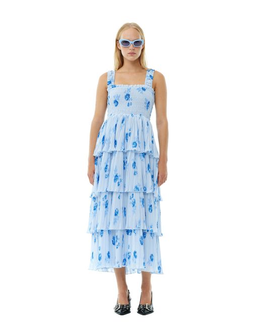 Robe Blue Pleated Georgette Flounce Smock Taille 34 Polyestere Recyclé Ganni