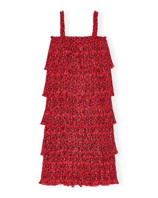 Ganni Red Pleated Georgette Flounce Strap Midi Dress