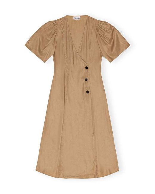 Ganni Natural Brown Viscose Twill Wrap Midi Dress