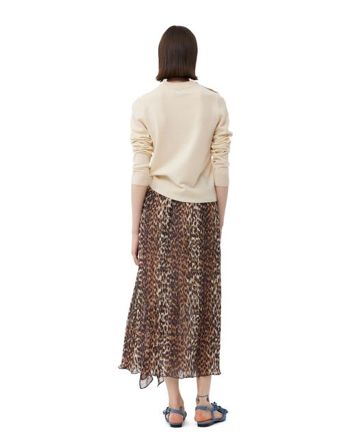 Ganni Natural Leopard Pleated Georgette Midi Flounce Skirt