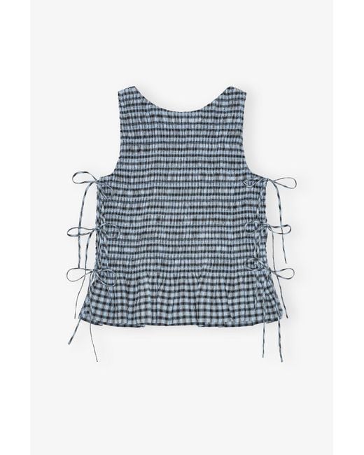 Ganni Seersucker Check Smock Tie String Top in Blue | Lyst UK