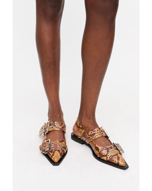 Ballerines À Boucles Et Imprimé Serpent Marron En Taille Ganni en coloris Brown