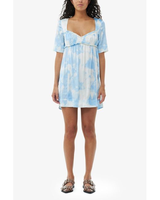 Ganni Blue Printed Satin Short Sleeve Mini Dress