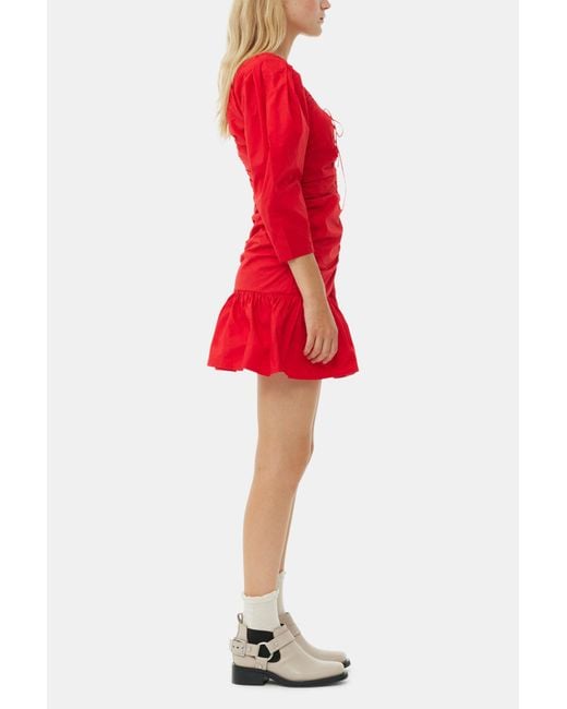 Ganni Cotton Poplin Gathered U-Neck Mini Dress