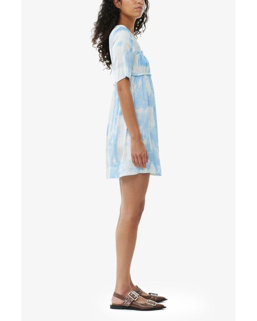 Ganni Blue Printed Satin Short Sleeve Mini Dress
