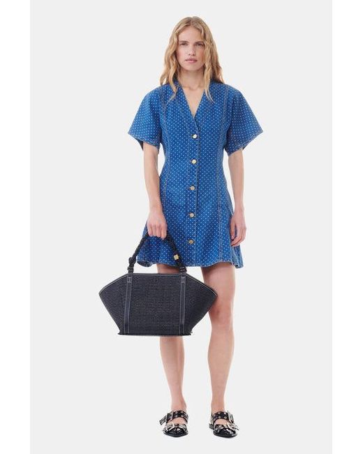 Ganni Blue Polka Dot Denim Mini Dress