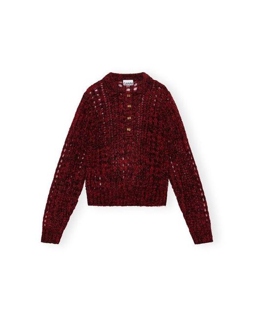 Ganni Red Mohair Lace Polo Sweater