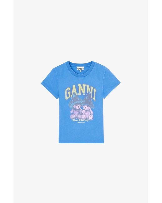 Ganni Blue Baby Fit T-Shirt With Mushroom Teddy
