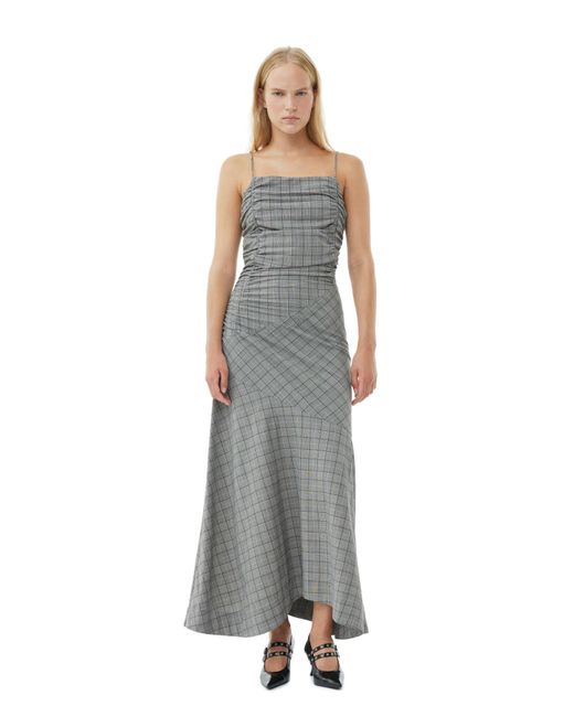Ganni Multicolor Checkered Ruched Long Slip Kleid