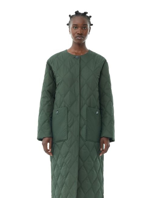 Ganni Green Quilt Long Coat