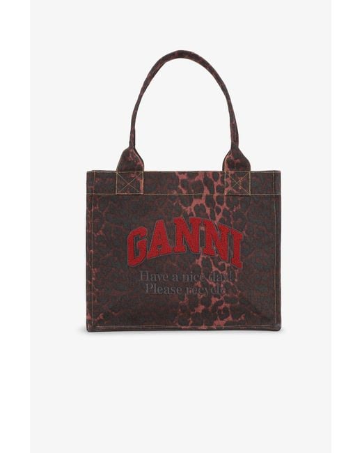 Ganni Red Leopard Large Canvas Tote Bag