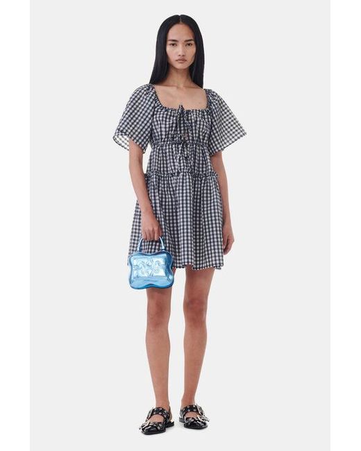 Ganni Blue Seersucker Check Mini Layer Kleid
