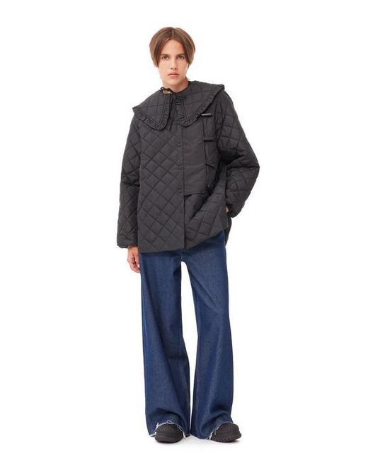 Ganni Blue Long Sleeve Quilted Coat