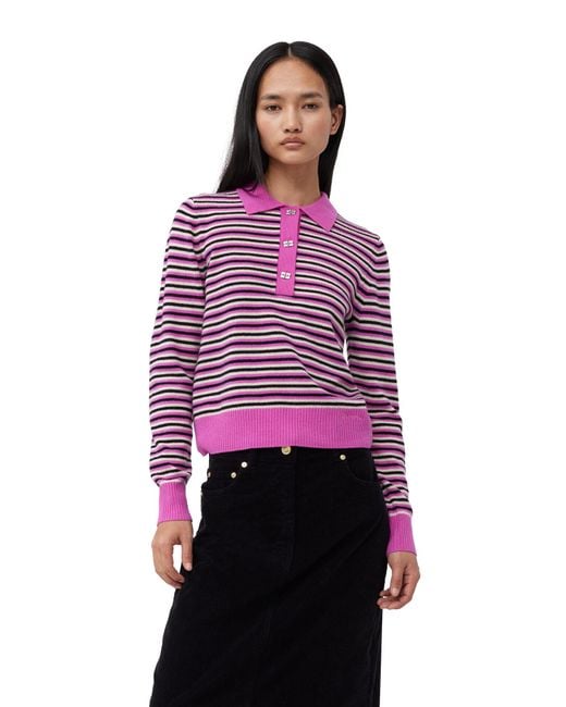 Ganni Purple Striped Cashmere Polo Sweater
