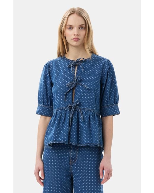 Ganni Blue Polka Dot Denim Peplum Blouse