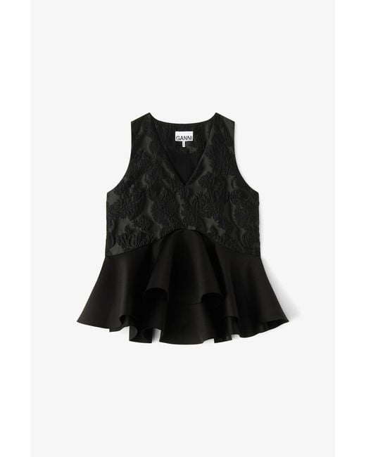 Ganni Black Satin Cloque Peplum Top