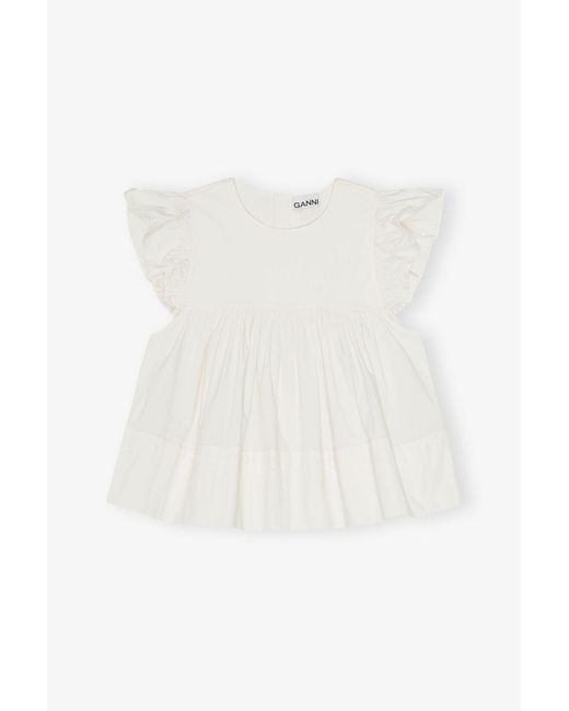 Ganni White Stretch Cotton Frill Sleeve Top
