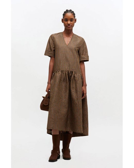 Ganni Brown Crinkled Check Long Dress