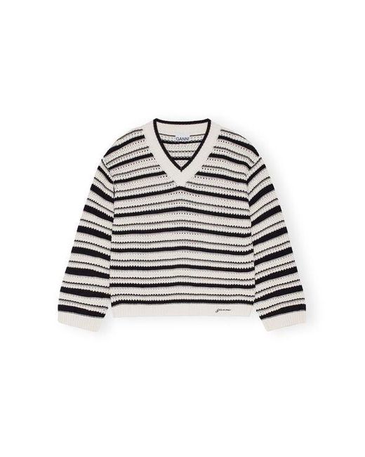 Ganni White Striped Cotton V-neck Pullover