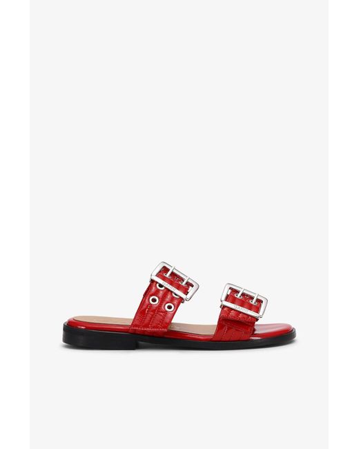 Ganni Red Feminine Buckle Two-Strap Sandals