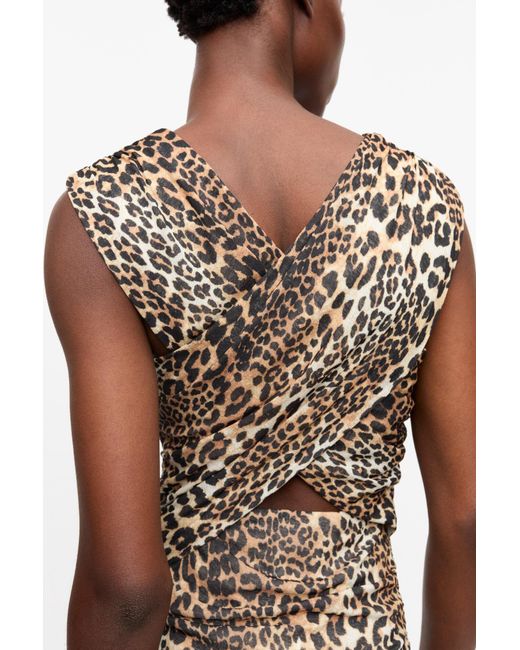 Ganni Natural Leopard Marl Mesh Long Ruched Crossover Dress Polyester