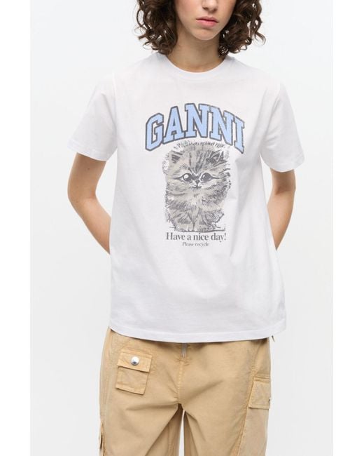 Ganni White Relaxed Jersey Kitty T-Shirt