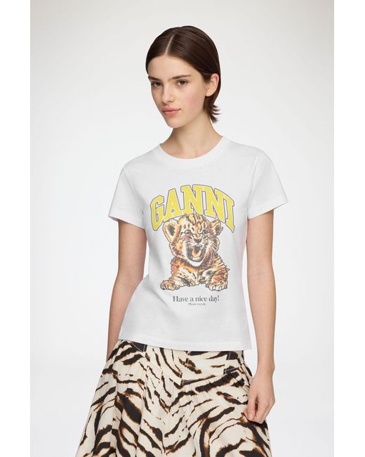 Ganni White Baby Fit T-Shirt With Tiger