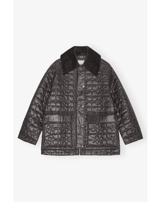 Ganni Black Shiny Quilt Midi Jacket Nylon